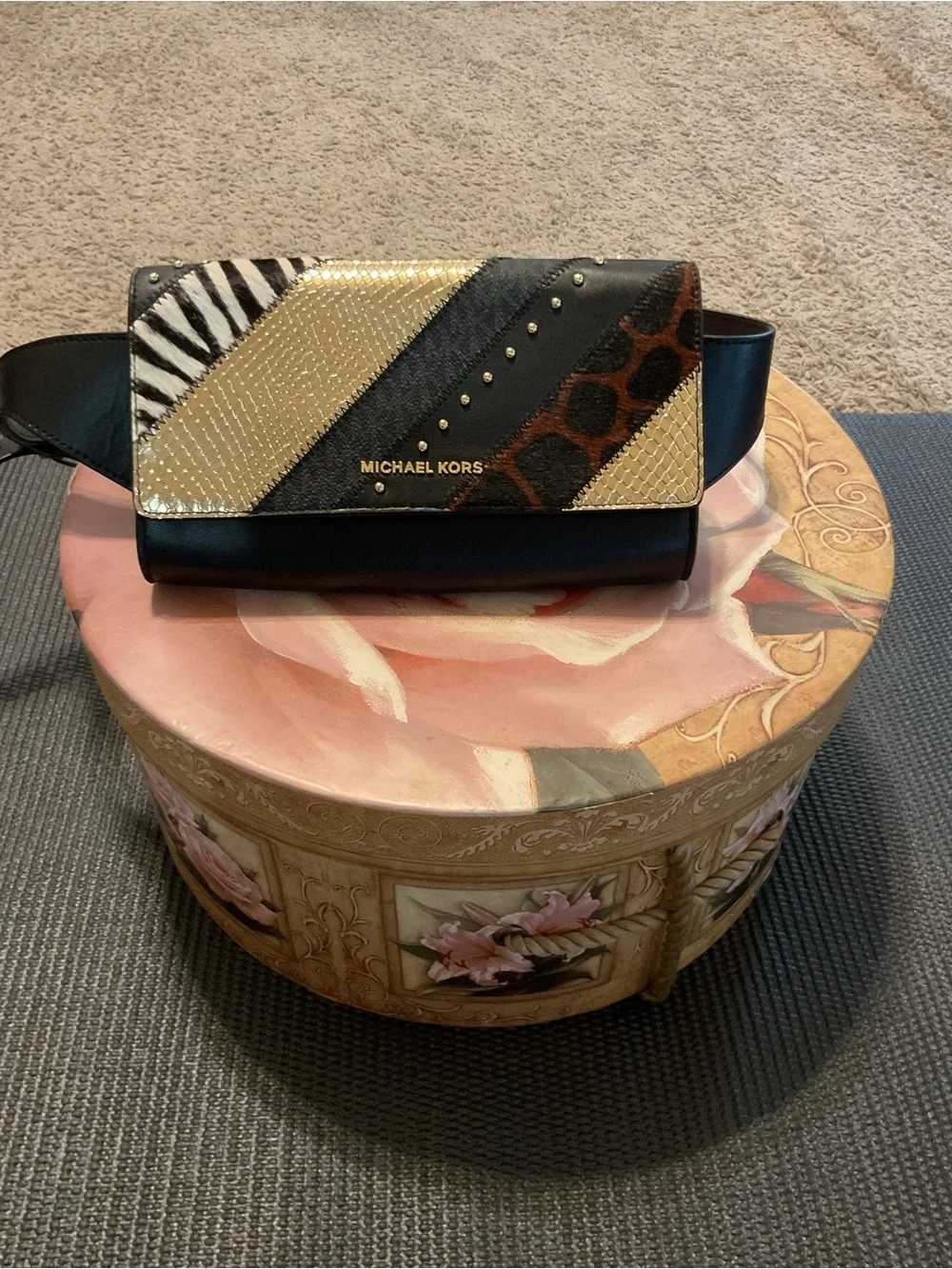 Michael Kors Black, Gold & Brown Mixed-Print Leather Belt Wallet